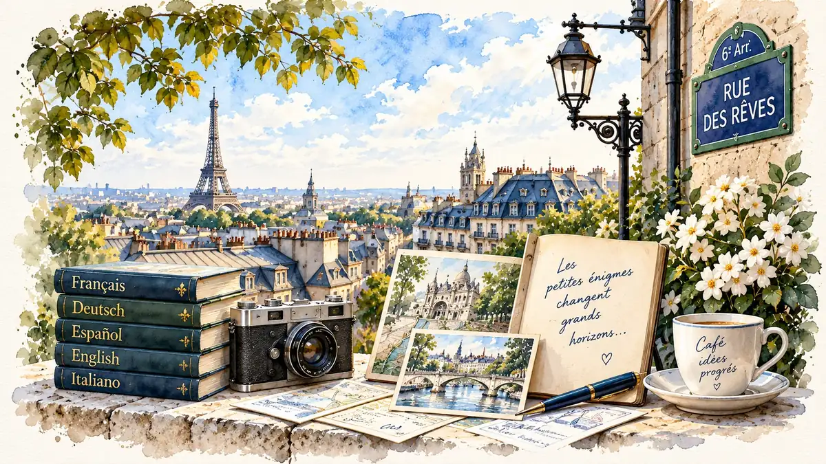 Aquarellansicht von Paris mit Büchern, Kamera und Notizbuch